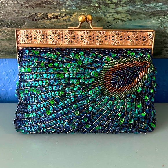 Vintage Sequin Peacock Bag, Antique Beaded Evening Handbag, Clutch Bag. - Picture 1 of 10